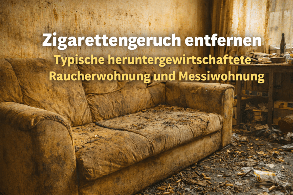 Vergilbte Raucherwohnung mit stark verschmutztem Sofa, Nikotinablagerungen und typischem Geruchsproblem in heruntergewirtschafteter Raucher- oder Messiwohnung