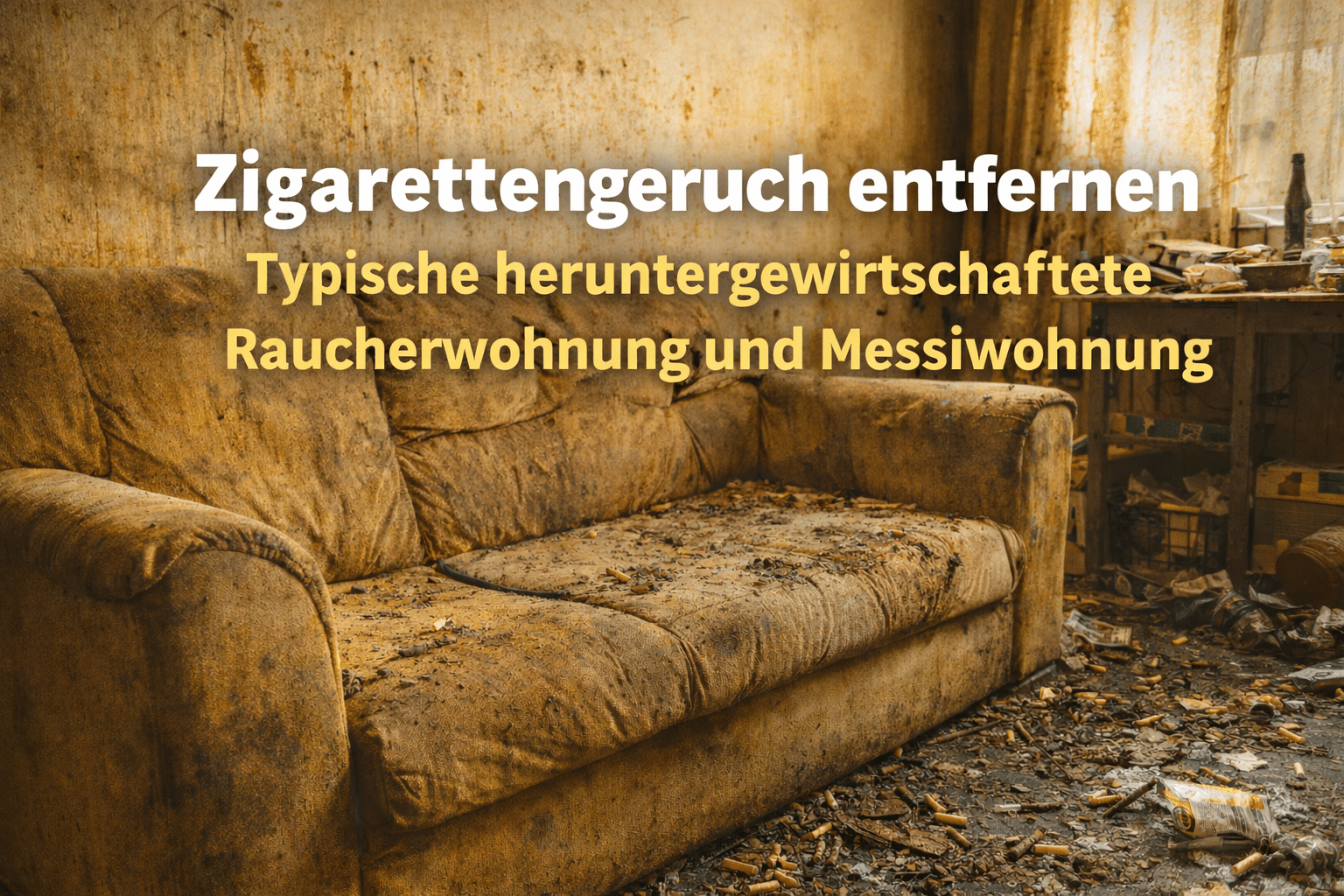 Vergilbte Raucherwohnung mit stark verschmutztem Sofa, Nikotinablagerungen und typischem Geruchsproblem in heruntergewirtschafteter Raucher- oder Messiwohnung