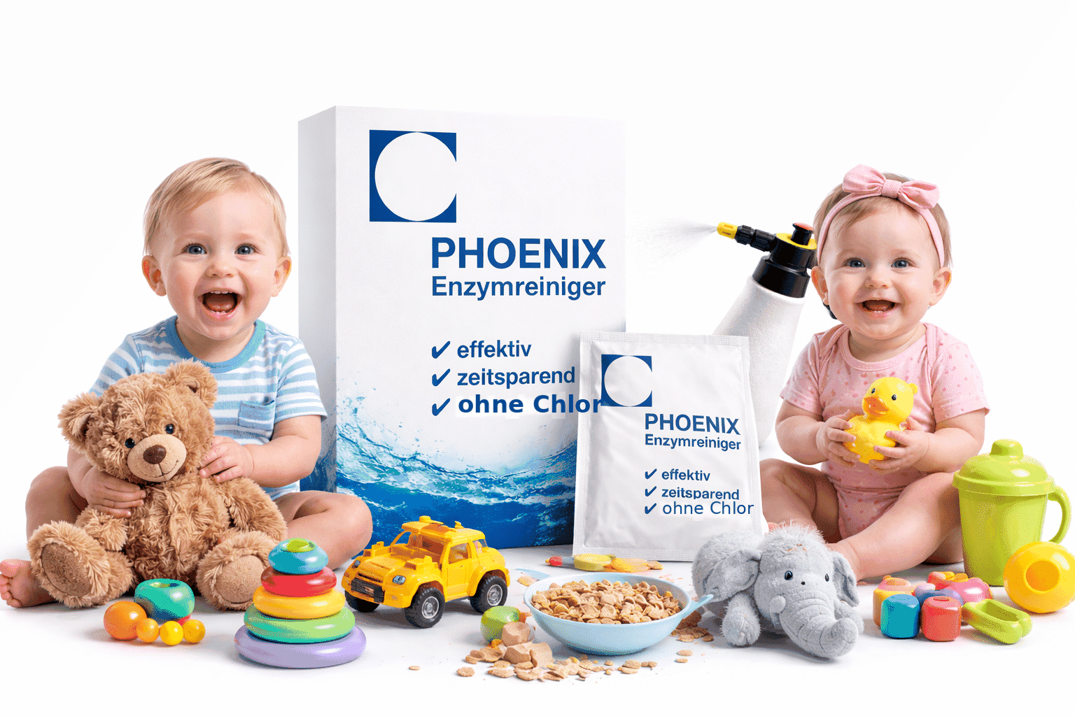 Spielzeug reinigen — Phoenix Enzymreiniger für Plüschtiere, Bausteine, Kinderwagen-Bezüge und Hochstuhl