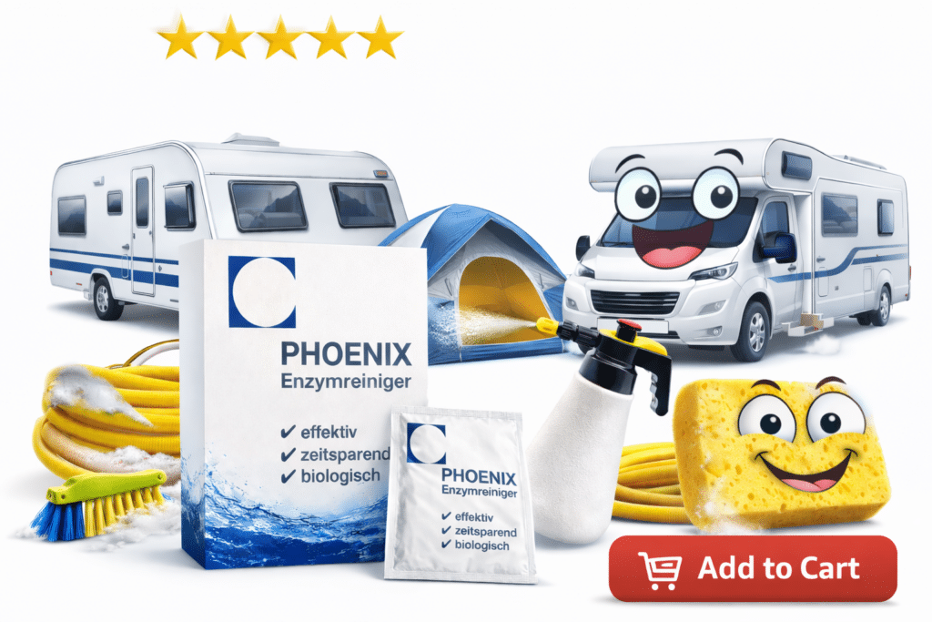 „PHOENIX Enzymreiniger für Caravan, Wohnmobil, Zelt und Camper mit Sprühflasche und Zubehör auf weißem Hintergrund“