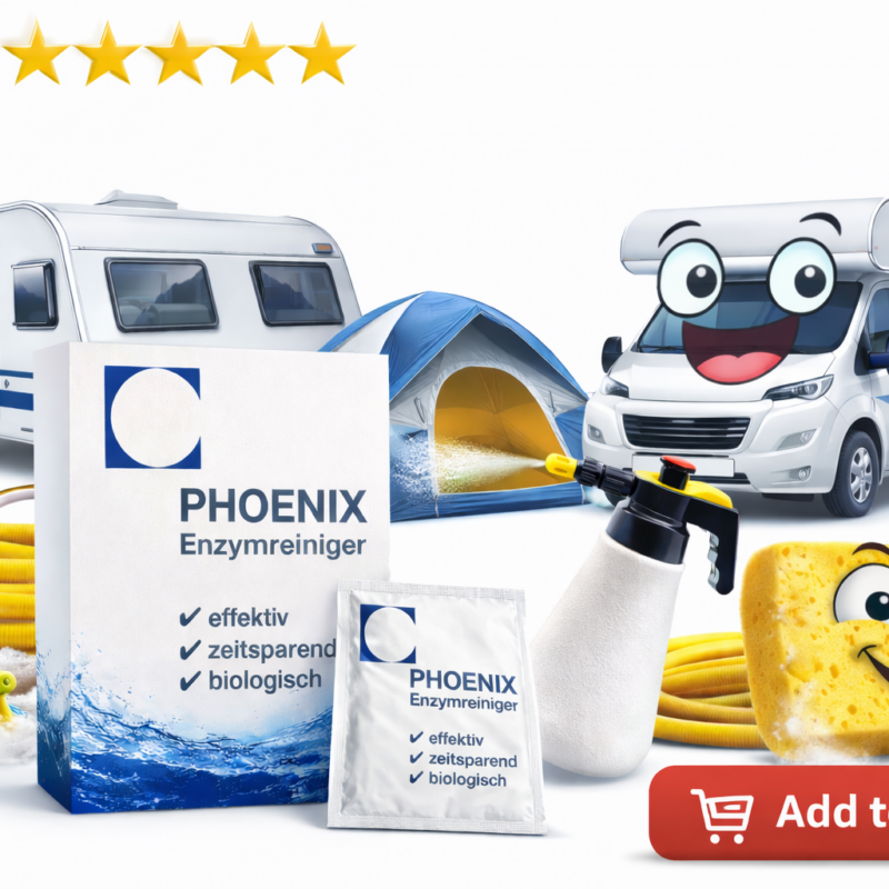 „PHOENIX Enzymreiniger für Caravan, Wohnmobil, Zelt und Camper mit Sprühflasche und Zubehör auf weißem Hintergrund“