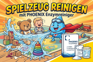 Comic: Wassertropfen-Held spült Krümel und Flecken von Plüschbär und Holzbauklötzen, lachendes Kleinkind, daneben PHOENIX Enzymreiniger Schachtel, Sachet und Wasserglas mit Granulat