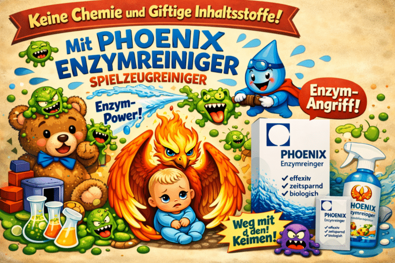 Alternativtext (Alt-Text): Lustige Comic-Illustration mit Babyspielzeug, das von grünen Bakterien befallen ist. In der Bildmitte sitzt ein kleines trauriges Baby, das schützend von einem feu­rigen Phönix umarmt wird. Freundliche Enzym-Figuren des Phoenix Enzymreinigers greifen die Bakterien an. Text im Bild betont „Keine Chemie und giftige Inhaltsstoffe“, „Phoenix Enzymreiniger Spielzeugreiniger“ sowie „Sauber & Sicher“.