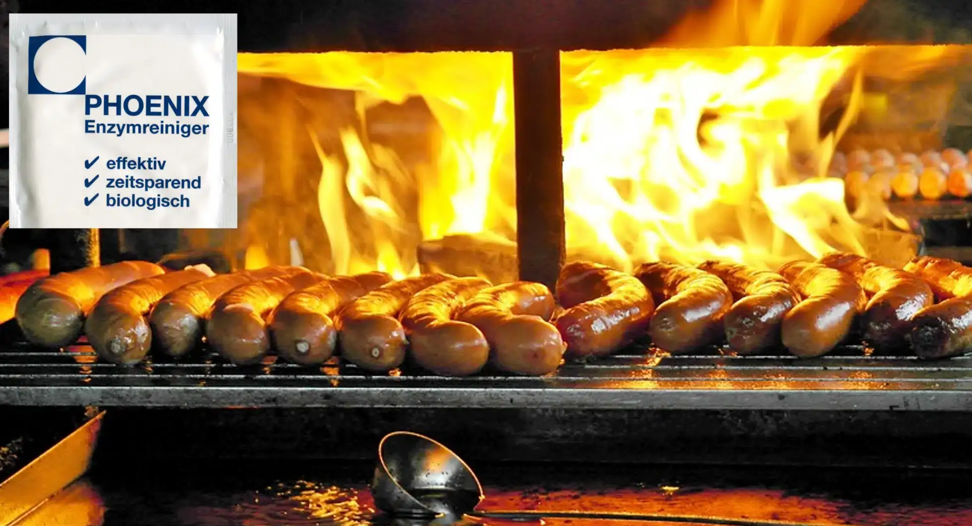 Das Bild zeigt Grillgut auf einem Grill mit herrlichem Fett und Feuer.