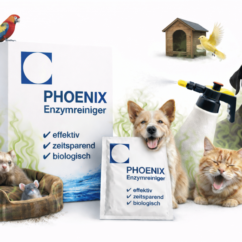 Das Bild zeigt eine große rechteckige Verpackung mit der Aufschrift „PHOENIX Enzymreiniger“ und drei Stichpunkten. Davor steht ein kleineres Sachet mit identischem Design. Rund um die Produkte sitzen oder stehen mehrere Tiere: ein Hund, zwei Katzen, ein kleiner Vogel und ein farbenfroher Vogel auf der Verpackung. Im Hintergrund sind zwei kleine Holzhütten zu sehen. Aus verschiedenen Bereichen steigt eine grünliche grafische Wolke auf, die visuell hervorgehoben ist.