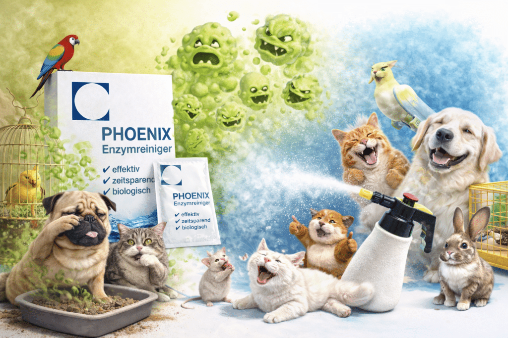 Phoenix Enzymreiniger beseitigt Tiergerüche humorvoll dargestellt – glückliche Hunde, Katzen, Kaninchen, Vögel und Kleintiere, während grüne Geruchswolken durch biologischen Enzymreiniger neutralisiert werden.