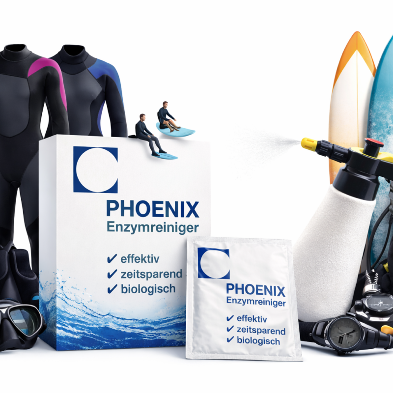 Produktdarstellung des „PHOENIX Enzymreinigers“ neben Neoprenanzügen, Flossen, Tauchmaske, Atemregler und Surfboards. Der Reiniger wird als effektiv, zeitsparend und biologisch für die Reinigung von Tauch- und Surf-Ausrüstung präsentiert.
