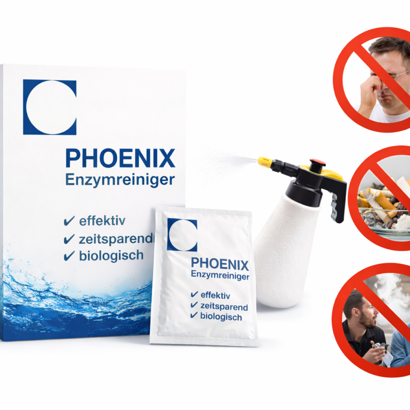 PHOENIX Enzymreiniger gegen Nikotingeruch – entfernt Rauchgeruch dauerhaft, Produktbox mit Sachets, Aschenbecher und Rauchdarstellung