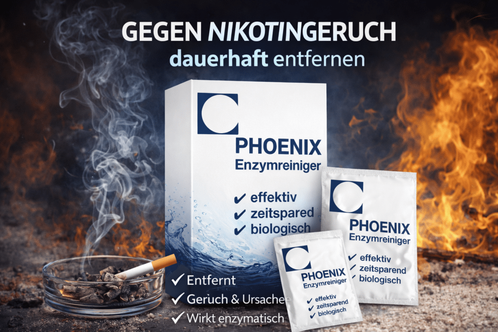 PHOENIX Enzymreiniger gegen Nikotingeruch – entfernt Rauchgeruch dauerhaft, Produktbox mit Sachets, Aschenbecher und Rauchdarstellung
