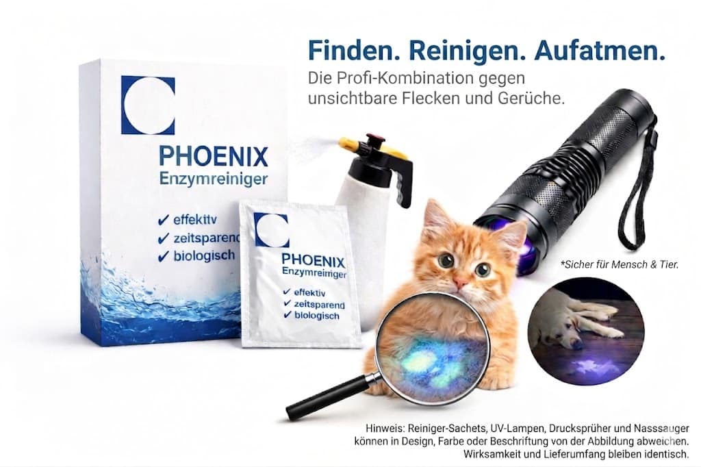 Katzenurin finden mit UV-Lampe — Anwendung im abgedunkelten Raum mit Phoenix UV-Set, gelb-grüne Markierungen werden sichtbar