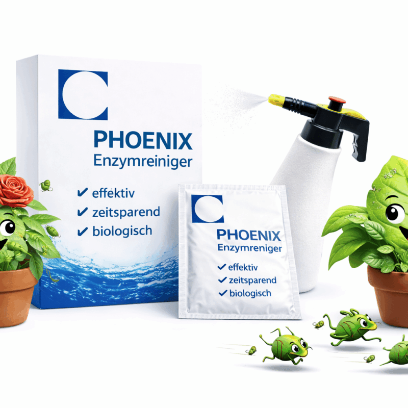 Phoenix Enzymreiniger zur biologischen Pflanzenpflege mit fliehenden Blattläusen auf Zimmerpflanzen