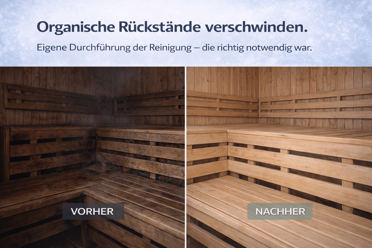 Sauna reinigen Vorher-Nachher โ Saunaholz Tiefenreinigung mit Phoenix Enzymreiniger: dunkle Schweiรflecken und Stockflecken sichtbar gelรถst