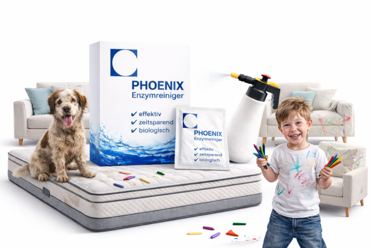 Lustiges Amazon-Hauptproduktbild auf weißem Hintergrund: Der PHOENIX Enzymreiniger mit Verpackung, Sachet und Sprühflasche steht im Mittelpunkt. Rundherum sind eine Matratze, zwei Sofas, mehrere Polster, ein Polsterstuhl sowie ein kleiner Beistelltisch arrangiert. Die Szene wirkt sauber, modern und humorvoll und zeigt verschiedene Polstermöbel als typische Einsatzbereiche des Reinigers.“