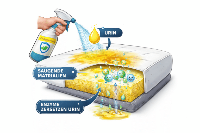 Katzenurin Geruch entfernen – Querschnitt Matratze mit Eindringtiefe und Enzymwirkung