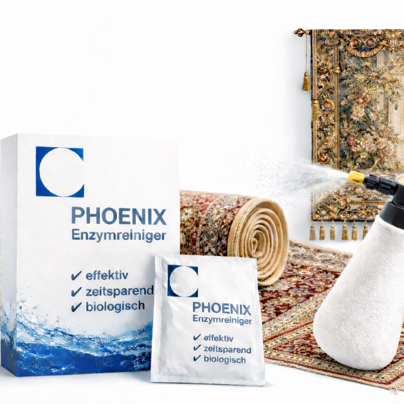Phoenix Enzymreiniger Teppichreiniger im Einsatz zur Geruchsbeseitigung auf hochwertigem Teppich und edlem Wandteppich, materialschonend und biologisch wirksam.
