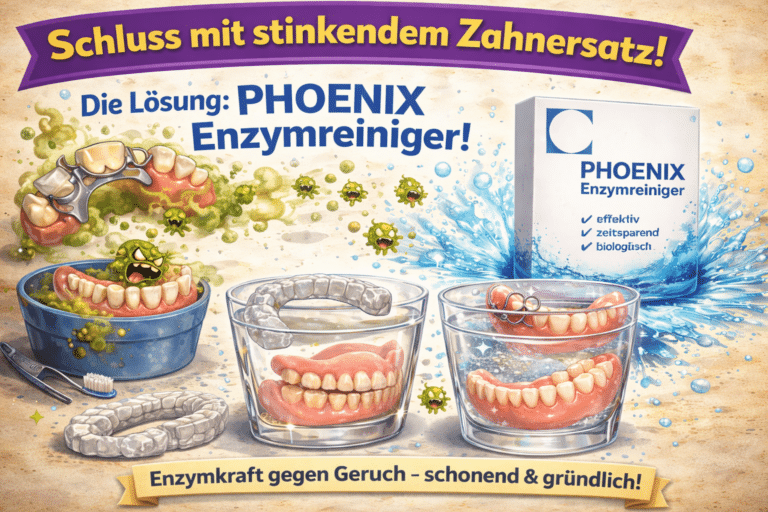 Querformatige, moderne Illustration zur Geruchsentfernung bei herausnehmbarem Zahnersatz: Links sind Gebisse, Teilprothesen, Klammern und Aufbissschienen mit sichtbaren Bakterien und Geruchsdarstellung zu sehen, rechts dieselben Zahnersatzarten sauber, glatt und frisch gereinigt mit Phoenix Enzymreiniger. Die Darstellung erklärt die enzymatische Geruchsneutralisation schonend und ohne Materialbeeinträchtigung in einem sachlichen, zeitgemäßen Stil.