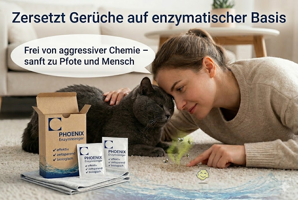 Frau kuschelt mit ihrer Katze auf einem Teppich, PHOENIX Enzymreiniger entfernt Ammoniak Geruch von Katzenurin ohne aggressive Chemie.
