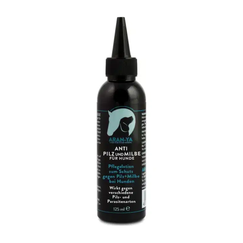 ARAN-YA Anti Pilz und Milbe für Hunde in der 125-ml-Flasche, Produktfoto auf weißem Hintergrund