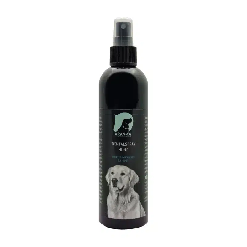 ARAN-YA Dentalspray für Hunde in der 250-ml-Sprühflasche, Produktfoto auf weißem Hintergrund