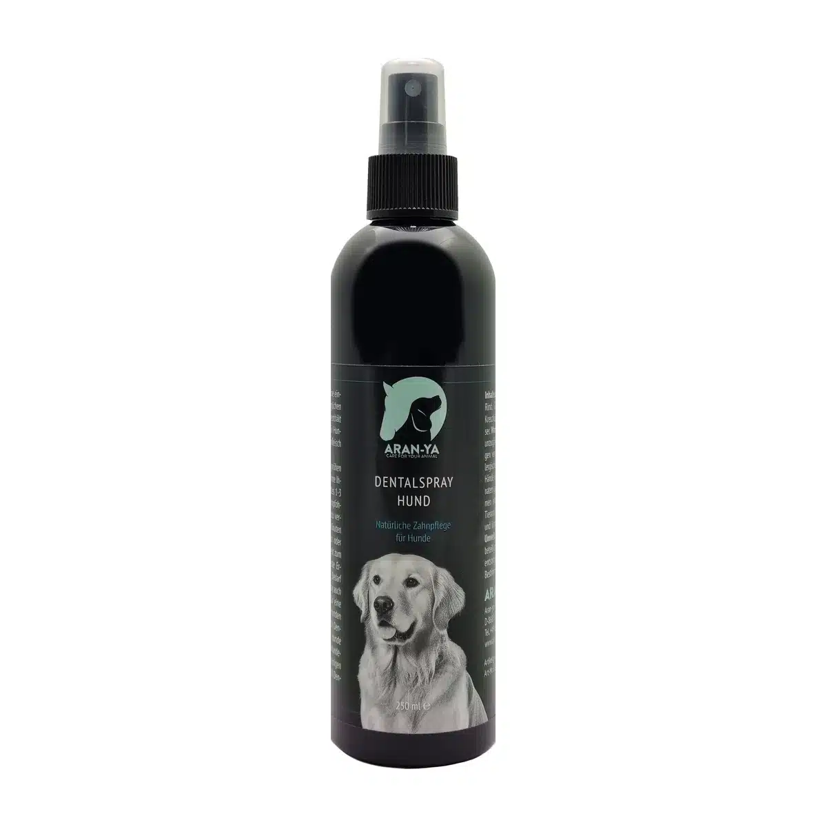 ARAN-YA Dentalspray für Hunde in der 250-ml-Sprühflasche, Produktfoto auf weißem Hintergrund
