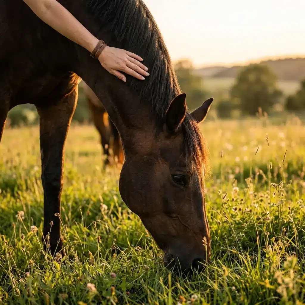 Braunes Pferd grast auf einer Sommerwiese, eine Hand liegt ruhig an seinem Hals