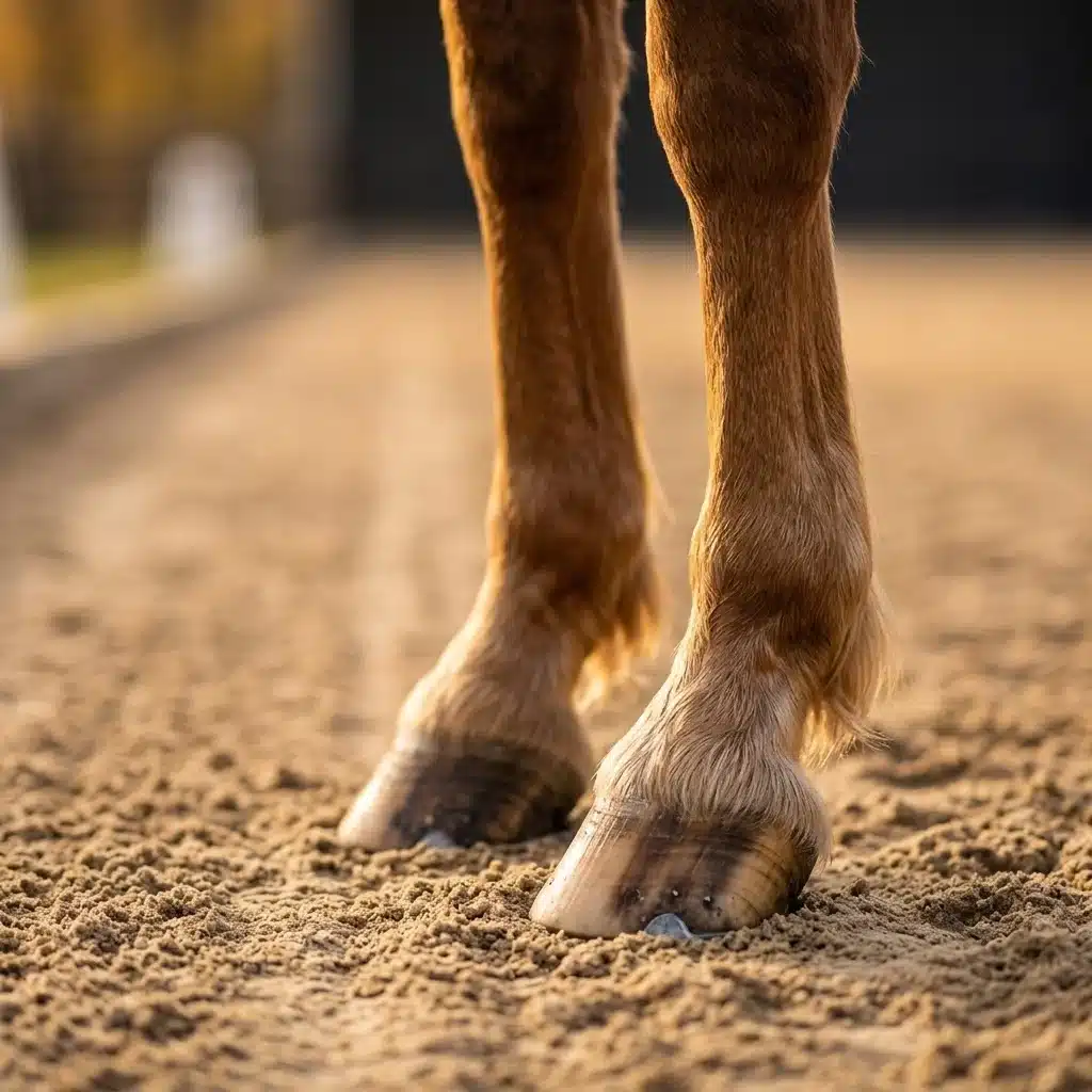 Gepflegte, trockene Pferdebeine und Fesseln auf einem sandigen Reitplatz