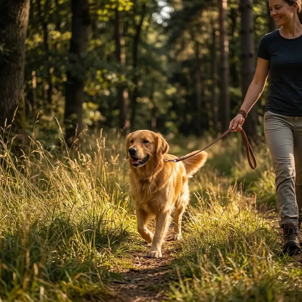 Golden Retriever an der Leine auf einem sonnigen Waldweg mit hohem Gras