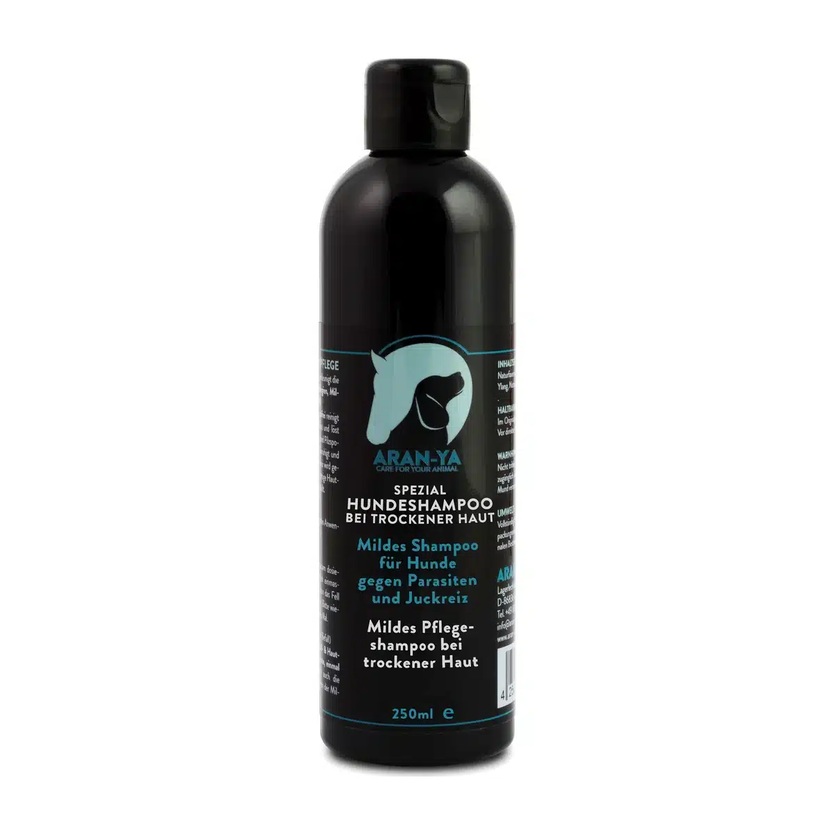 ARAN-YA mildes Hundeshampoo bei trockener Haut in der 250-ml-Flasche, Produktfoto auf weißem Hintergrund