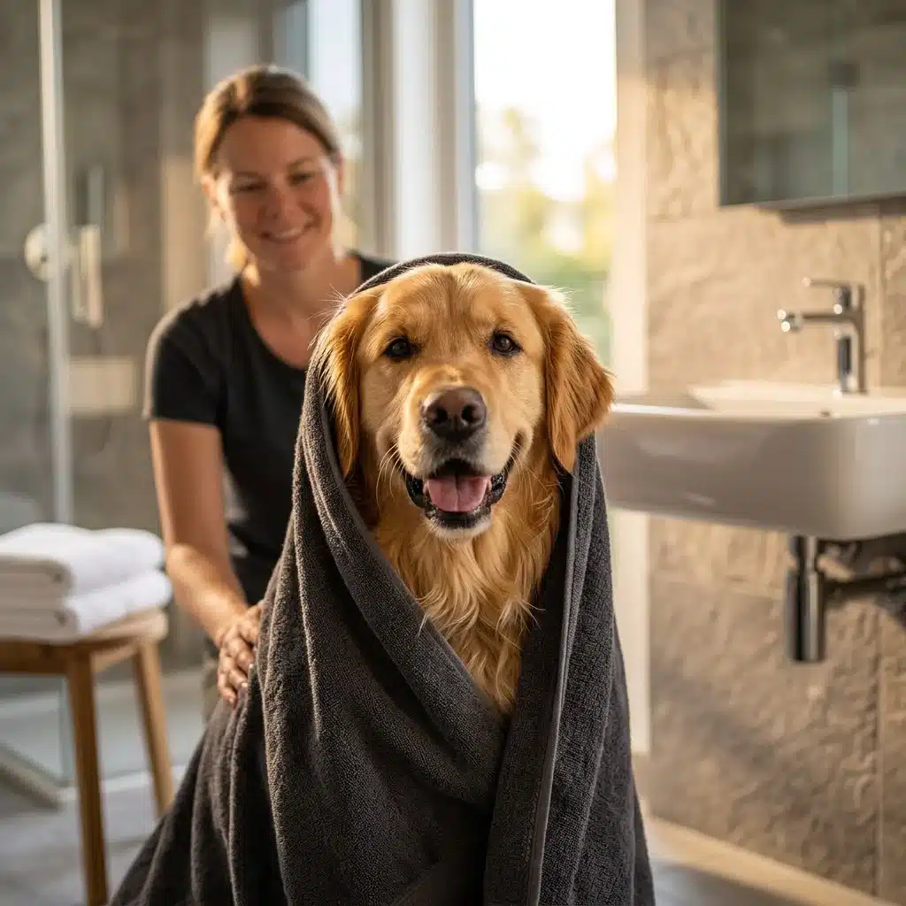 Frisch gebadeter Golden Retriever in ein anthrazitfarbenes Handtuch gewickelt