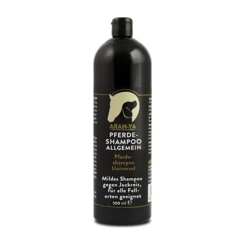 ARAN-YA mildes Pferdeshampoo bei Juckreiz in der 500-ml-Flasche, Produktfoto auf weiรem Hintergrund