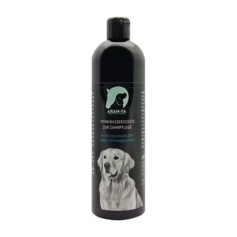 ARAN-YA Trinkwasserzusatz zur Zahnpflege für Hunde in der 500-ml-Flasche, Produktfoto auf weißem Hintergrund