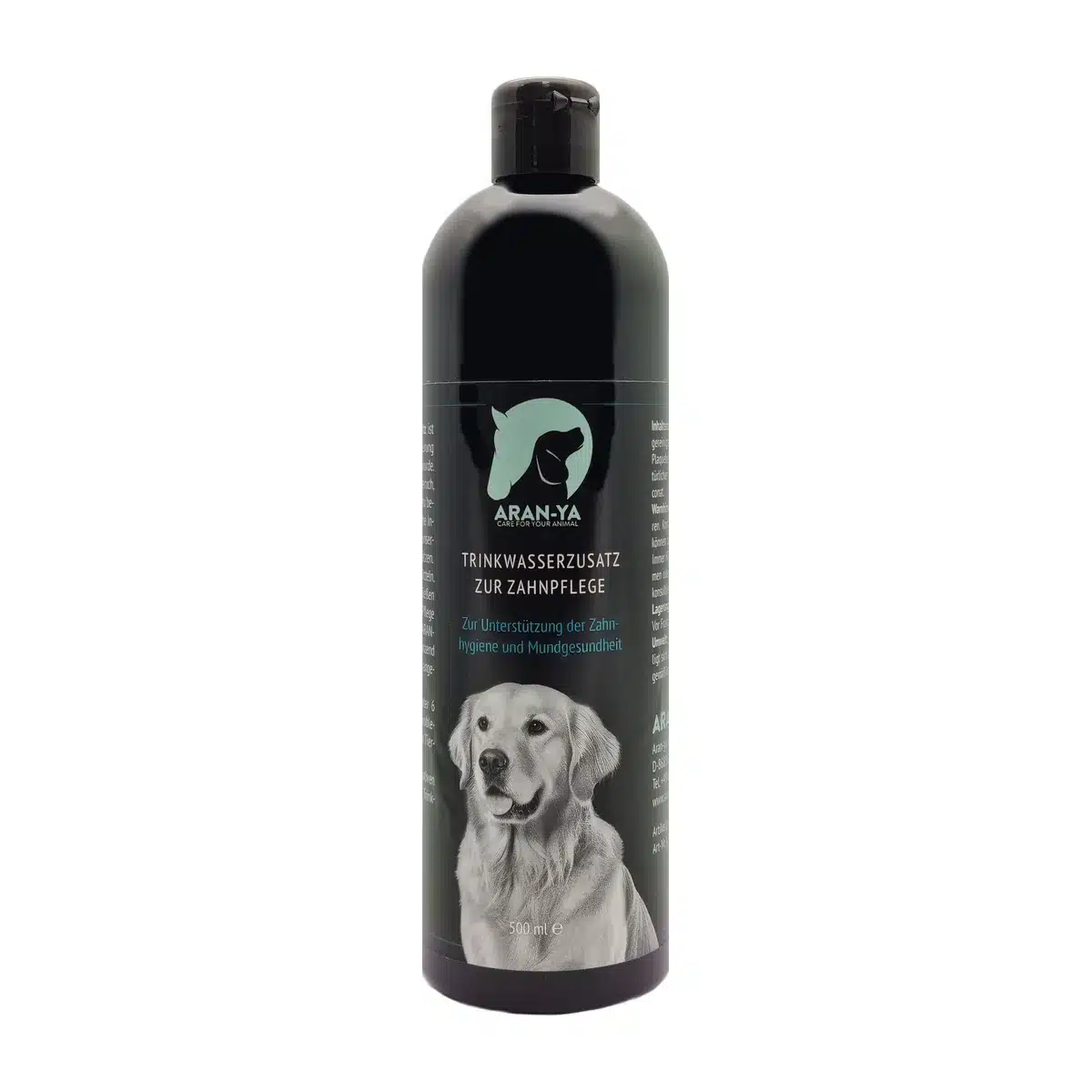 ARAN-YA Trinkwasserzusatz zur Zahnpflege fรผr Hunde in der 500-ml-Flasche, Produktfoto auf weiรem Hintergrund