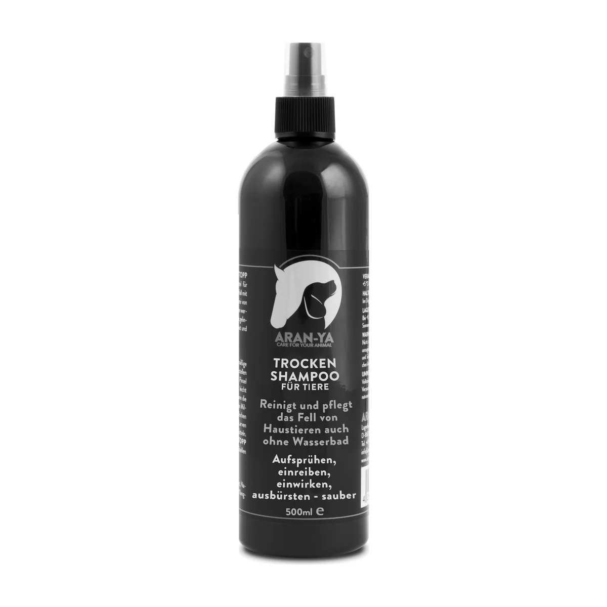 ARAN-YA Trockenshampoo für Tiere in der 500-ml-Sprühflasche, Produktfoto auf weißem Hintergrund