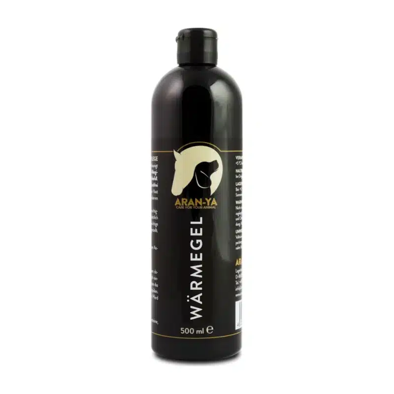 ARAN-YA Wärmegel für Pferd und Hund in der 500-ml-Flasche, Produktfoto auf weißem Hintergrund