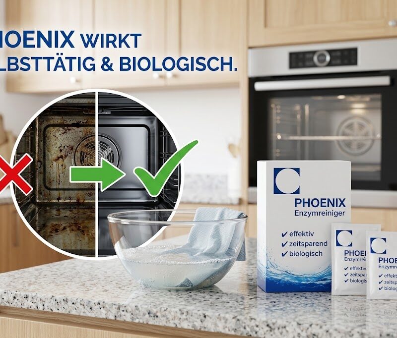 Eingebranntes Fett im Backofen reinigen mit Phoenix Enzymreiniger – Vorher-Nachher Vergleich der Tiefenreinigung.