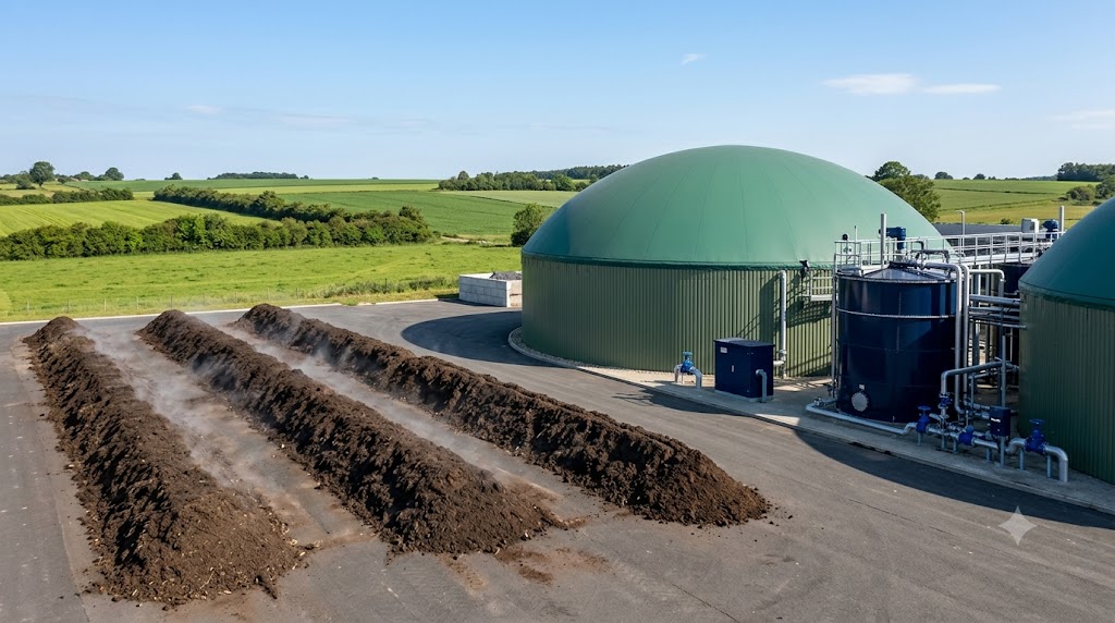 Moderne Biogas- und Kompostieranlage mit grüner Fermenter-Kuppel und dampfenden Kompostmieten im Vordergrund