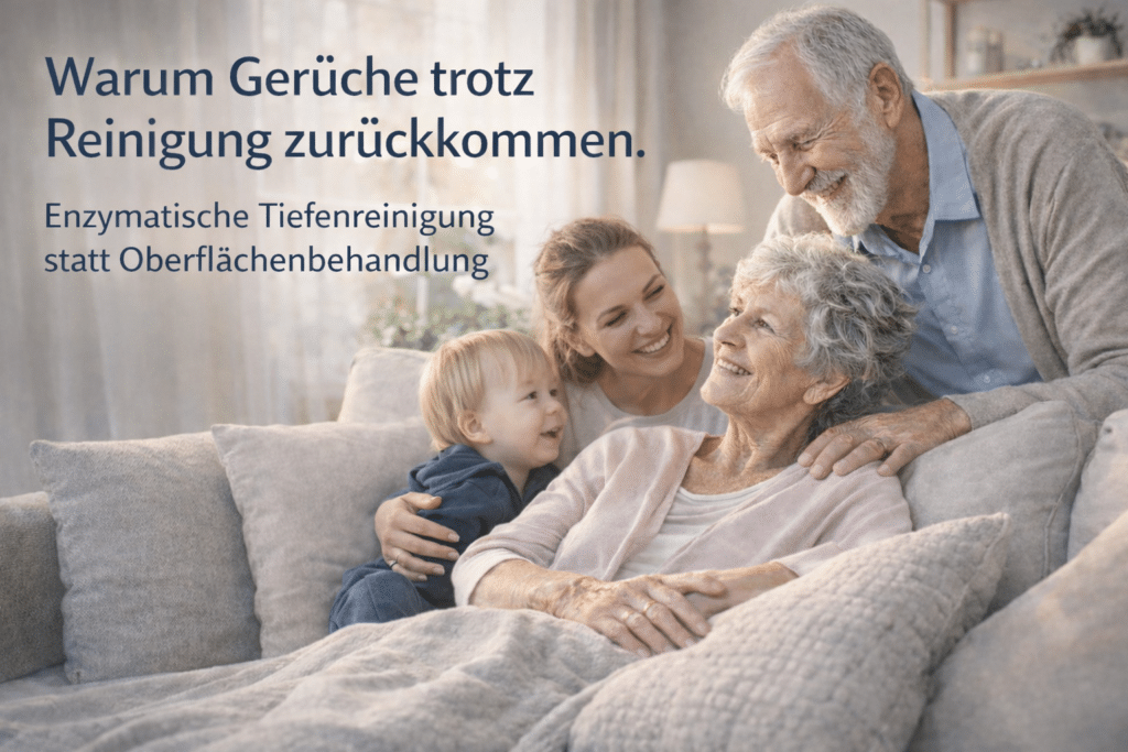Familie mit Großeltern, Tochter und Enkel im Wohnzimmer – würdevoller Umgang mit Inkontinenz und nachhaltige Geruchsentfernung durch enzymatische Reinigung