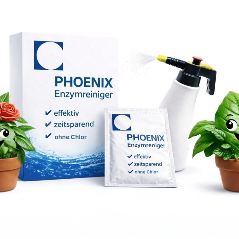 Phoenix Enzymreiniger Schachtel, Sachet und Drucksprüher neben zwei Zimmerpflanzen mit sauberen Blättern