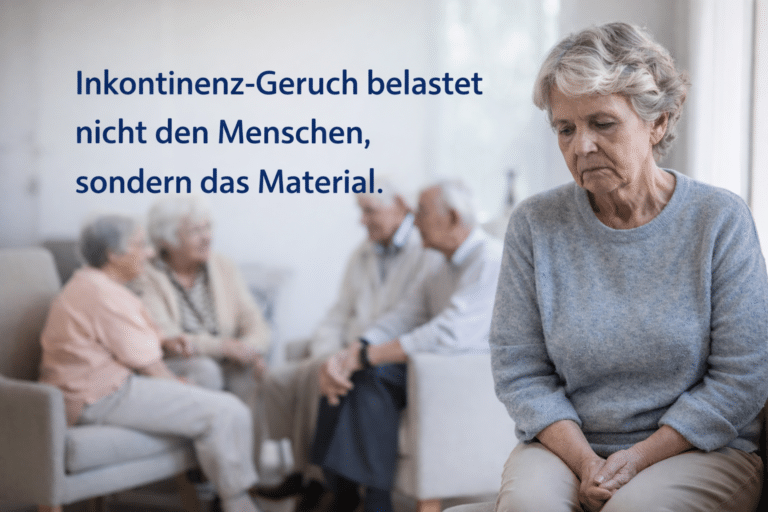 Ältere Frau sitzt leicht abseits einer Gruppe in hellem Raum – Symbolbild für soziale Unsicherheit durch Inkontinenz-Geruch.