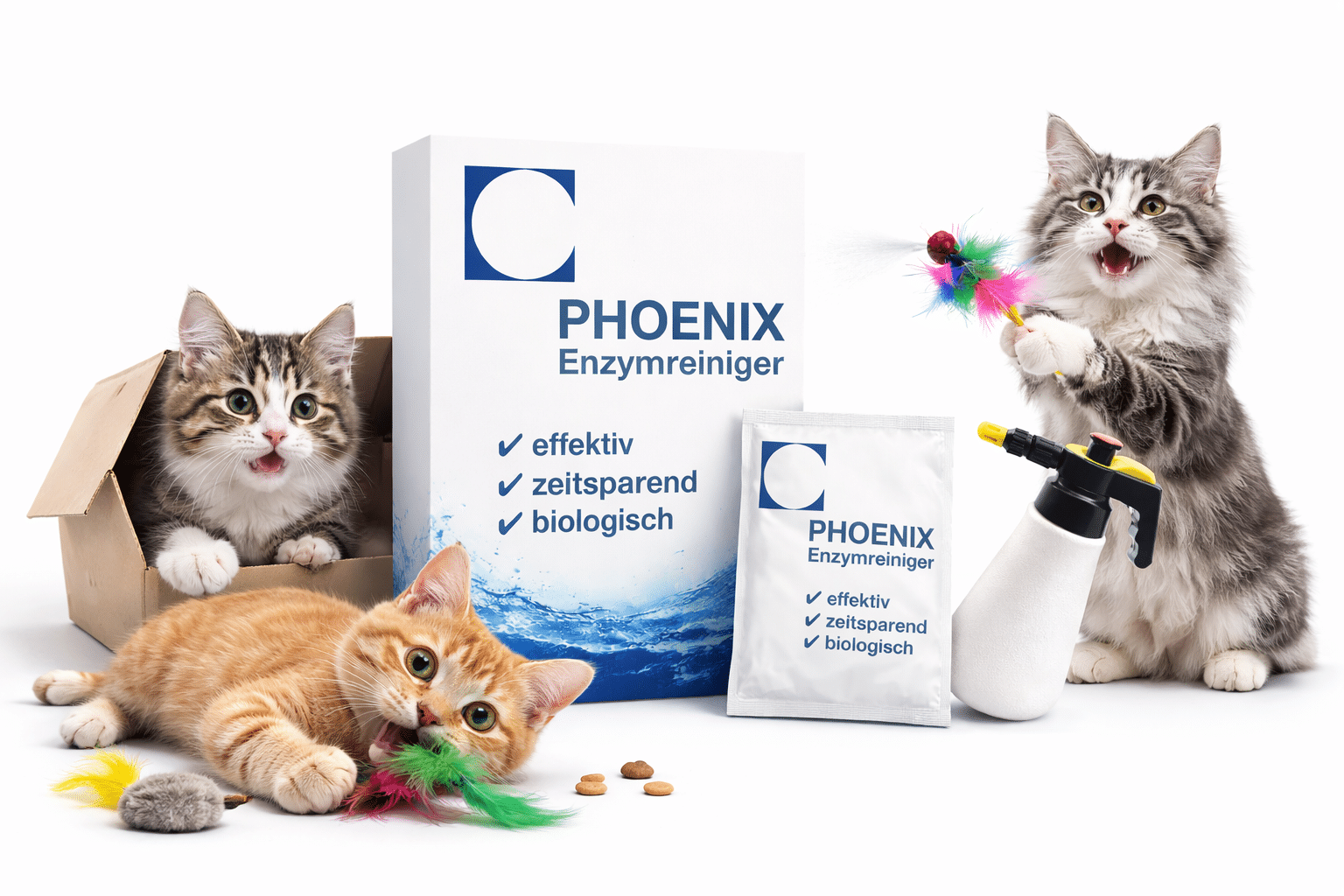 Katzenurin neutralisieren — PHOENIX Enzymreiniger Granulat mit 3 Katzen, Sachet und Drucksprüher