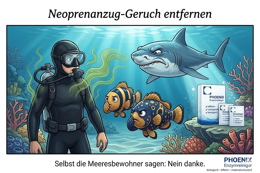 Hochwertiges Comic-Bild eines Tauchers im schwarzen Neoprenanzug unter Wasser. Kleine originelle Fische und ein Hai rümpfen die Nase über dezente Geruchswellen. Rechts im Bild präsentiert sich der Phoenix Enzymreiniger als biologische Lösung.