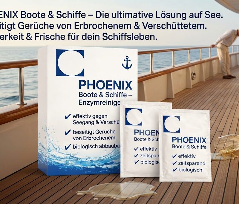 PHOENIX Bootsreiniger Enzymreiniger auf Luxus-Yacht Teakdeck neben einem umgekippten Champagnerglas und einem Seekrankheits-Szenario. Beseitigt Geruch von Erbrochenem und Verschüttetem. Biologisch abbaubar.