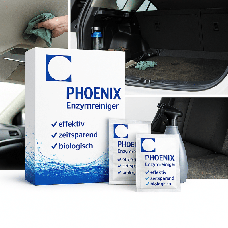 PHOENIX Enzymreiniger Anwendung im Auto: Reinigung von Dachhimmel, Kofferraum und Autositzen zur Entfernung von Flecken und Gerüchen.