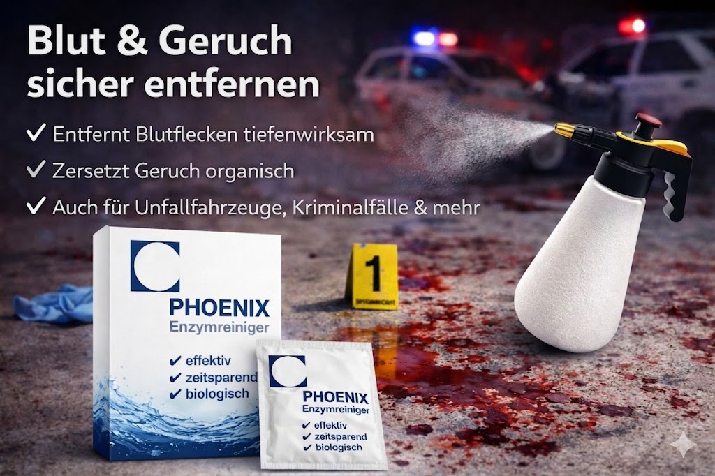 Blutflecken entfernen mit Phoenix Enzymreiniger – tiefenwirksam für Unfallfahrzeuge, Kriminalfälle und Tatortreinigung