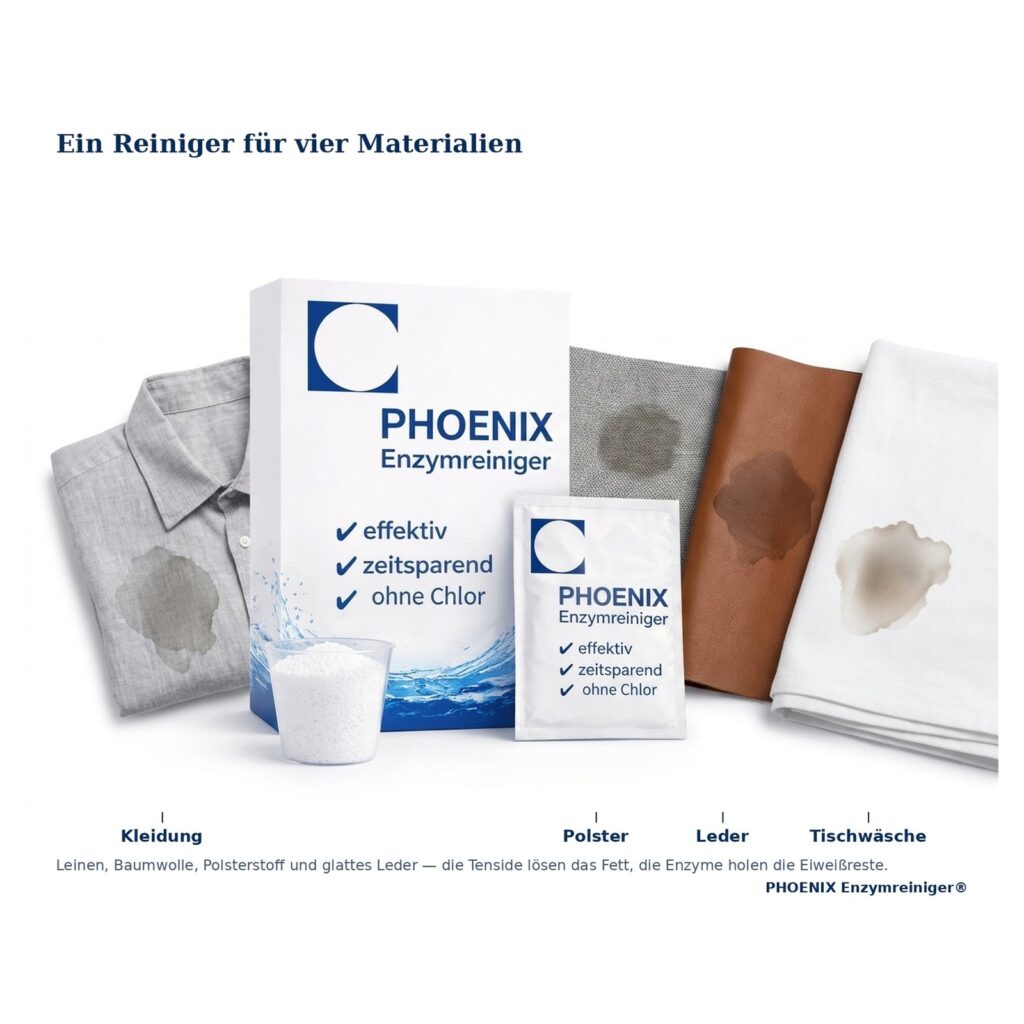 Fettflecken entfernen Kleidung — Phoenix Enzymreiniger mit Leinenhemd, Polsterstoff, Leder und Tischwäsche, jeweils mit Fettfleck
