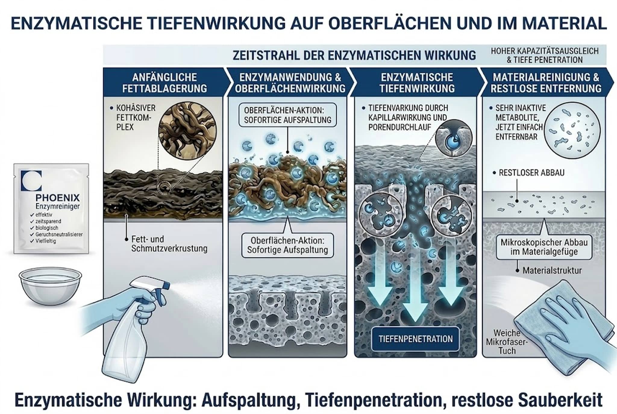Raucherrückstände entfernen — Skizze Phoenix Enzymreiniger Tiefenwirkung auf Wand, Tapete und Polster zersetzt Teer-Harze und Nikotin-Moleküle