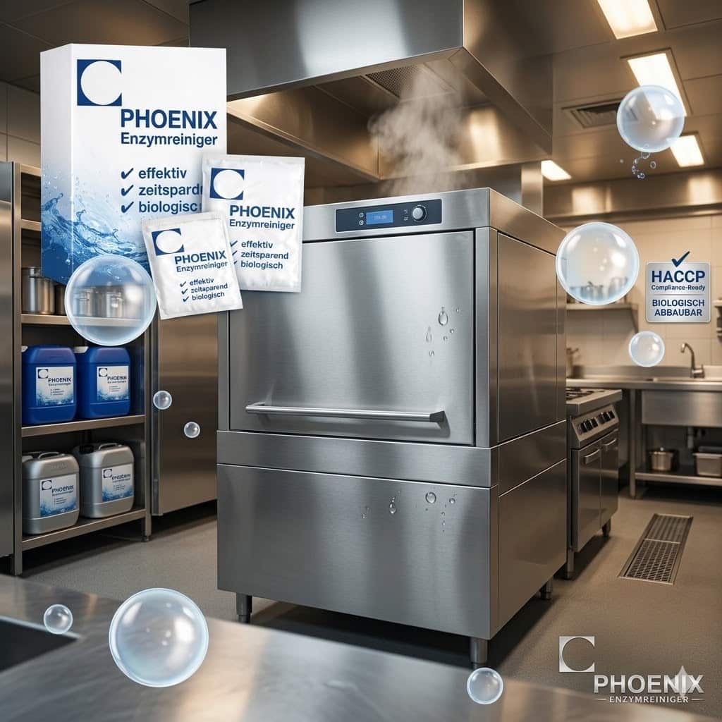 Gewerbliche Spülmaschine aus Edelstahl in einer Restaurantküche reinigen mit Phoenix Enzymreiniger für HACCP-Konformität