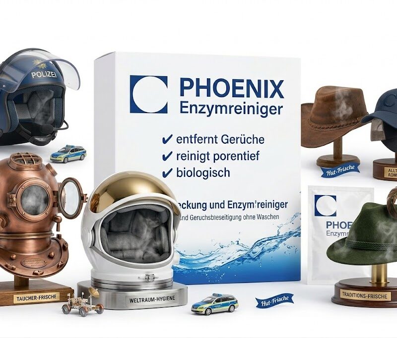 Verschiedene Kopfbedeckungen wie Astronautenhelm, Taucherglocke, Polizeihelm, Schützenhut mit Federbusch und Caps umrahmen den Phoenix Enzymreiniger Karton zur Veranschaulichung der Geruchsbeseitigung ohne Waschen.