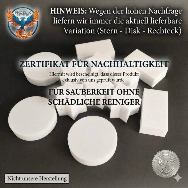 Phoenix Enzymreiniger Hilfsprodukt - Weiße Reinigungsschwämme in Stern-, Disk- und Rechteckform mit Nachhaltigkeitszertifikat