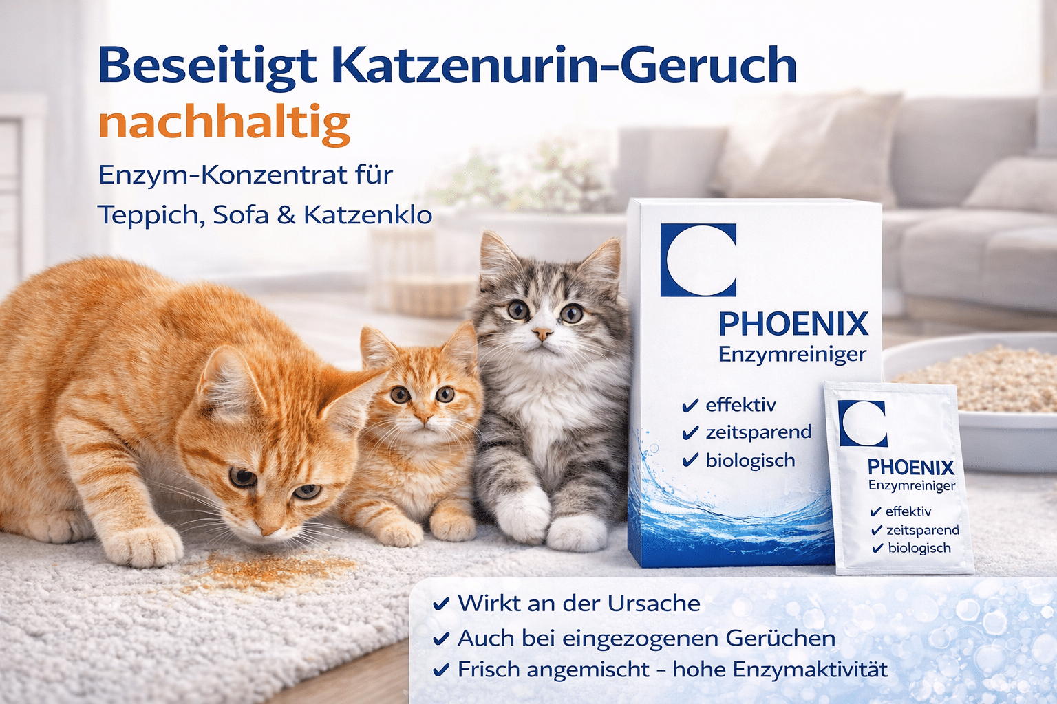 Katzenurin finden – orange Katze am Katzenklo mit PHOENIX Enzymreiniger